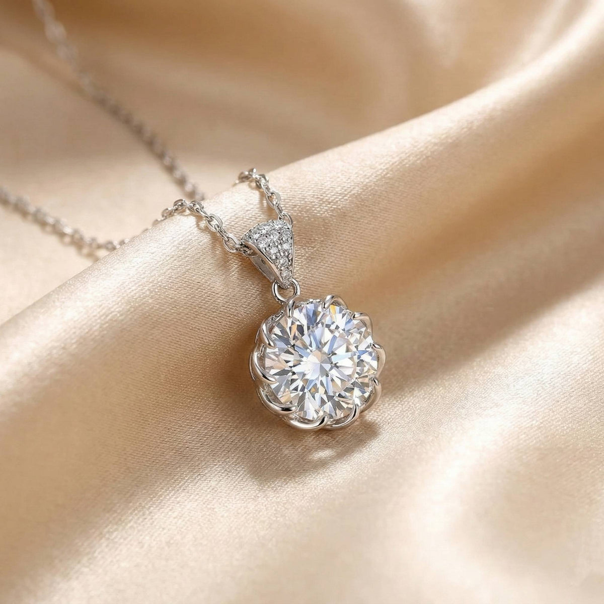 Round Cut Multi Color Zirconia Flower Design Sterling Silver Necklace