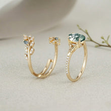 Vintage Moss Agate 1.5ct Oval Cut Engagement Ring Set | Nature-Inspired Branch & Leaf Band