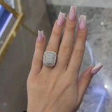 Chunky Square Radiant Cluster • Bold 5ct Look Double Halo Multi-Row Iced Out Engagement Ring In Sterling Silver