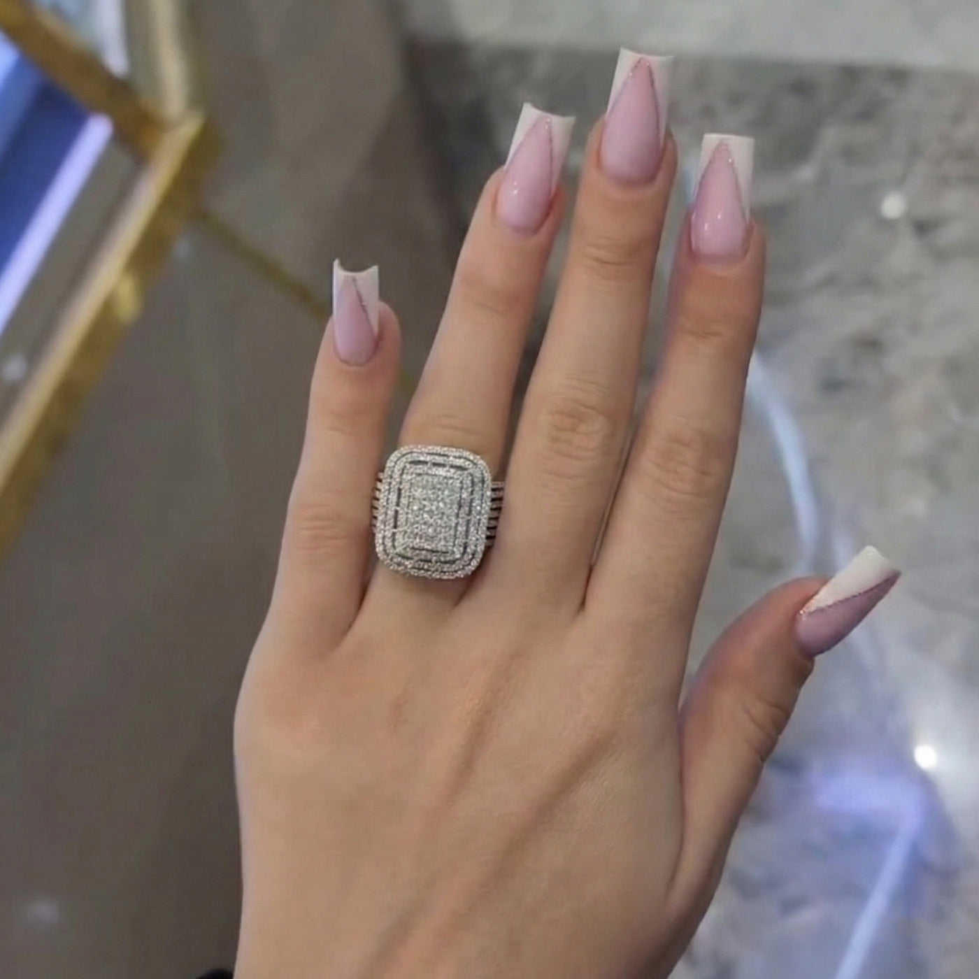 Chunky Square Radiant Cluster • Bold 5ct Look Double Halo Multi-Row Iced Out Engagement Ring In Sterling Silver