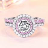 Round Cut Pink Stone Sterling Silver Wedding Ring Set