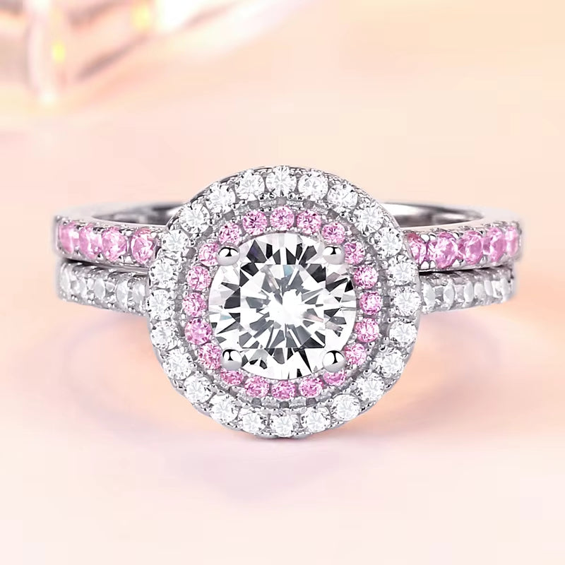 Round Cut Pink Stone Sterling Silver Wedding Ring Set