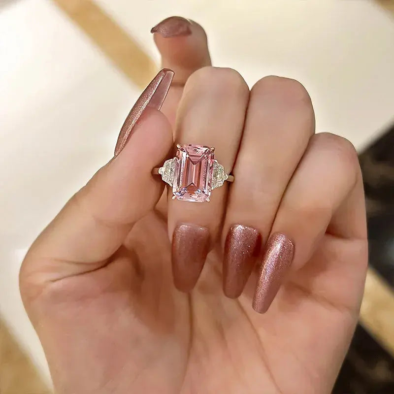 Gorgeous 6.0ct Emerald Cut Morganite Pink Three Stone Engagement Ring In Sterling Silver