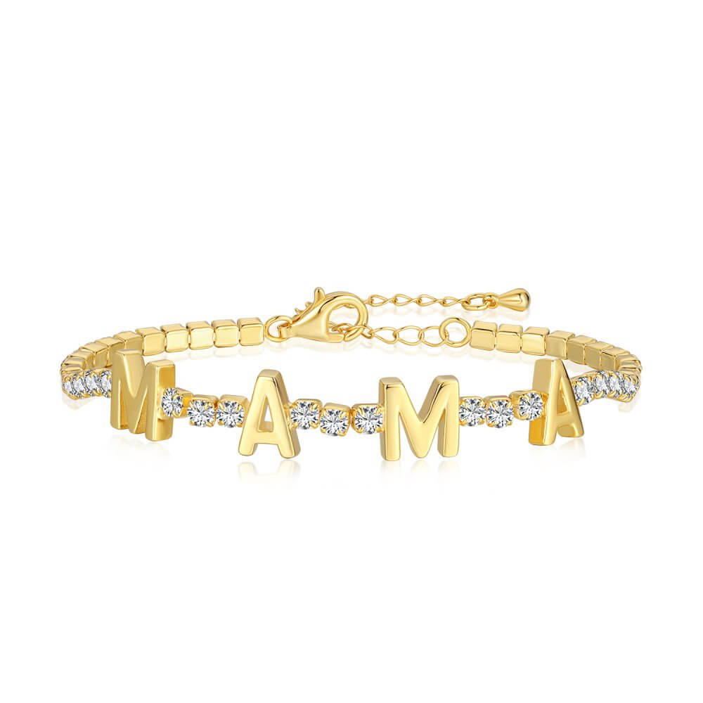 Round Cut Cubic Zirconia "MAMA" Bracelet in Sterling Silver/Gold