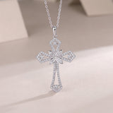 Round Cut Moissanite Cross Necklace with White Gold Plating, 925 Sterling Silver