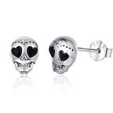 Halloween Skull Design Heart Cut Black Stone Earrings In Sterling Silver