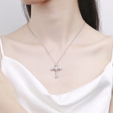 Round Cut Moissanite Cross Necklace with White Gold Plating, 925 Sterling Silver (0.5CT/1.0CT)