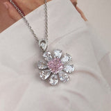 Princess Cut Pink Stone Flower Design Sterling Silver Necklace