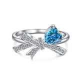 Heart Cut Blue Stone Bow Sterling Silver Engagement Ring