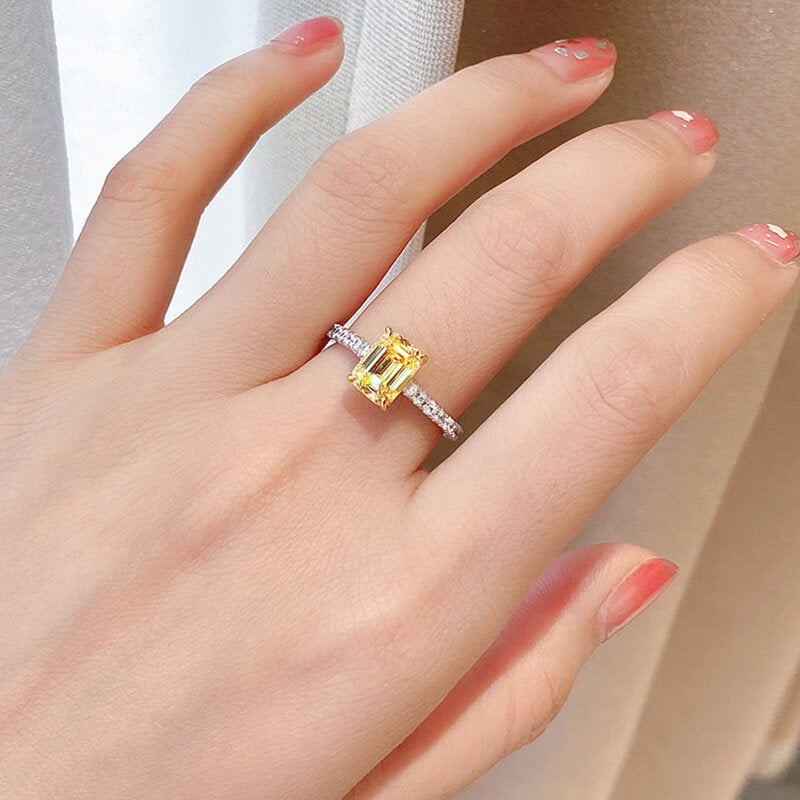 Radiant Emerald Cut Yellow Stone Sterling Silver Engagement Ring