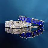 Stylish 925 Sterling Silver Blue Sapphire Round Cut&Emerald Cut Wedding Band