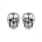 Halloween Skull Design Heart Cut Purple Stone Earrings In Sterling Silver