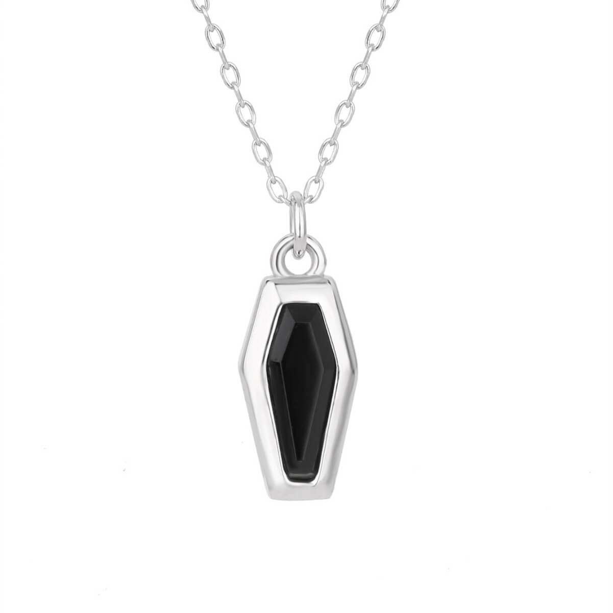 Halloween Coffin Cut Black Stone Necklace In Sterling Silver