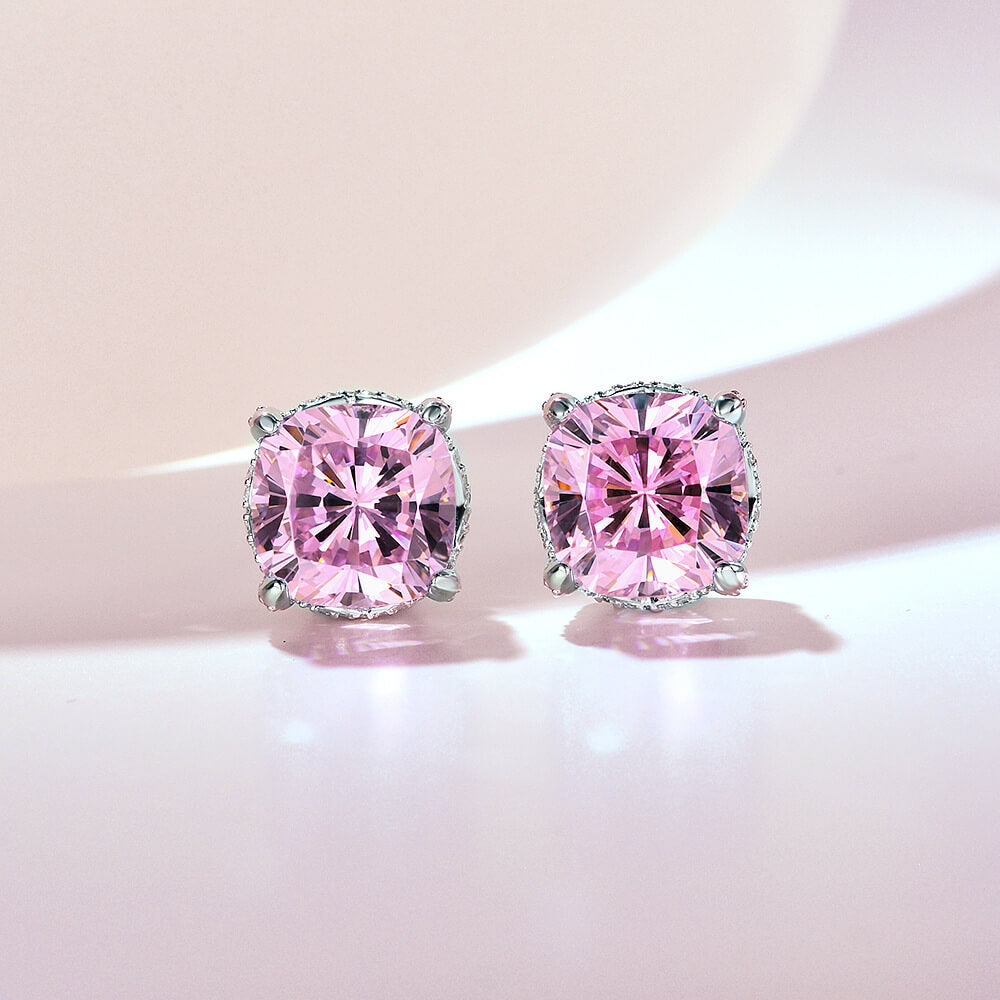 Elegant Sterling Silver Pink Stone Cushion Cut Earrings