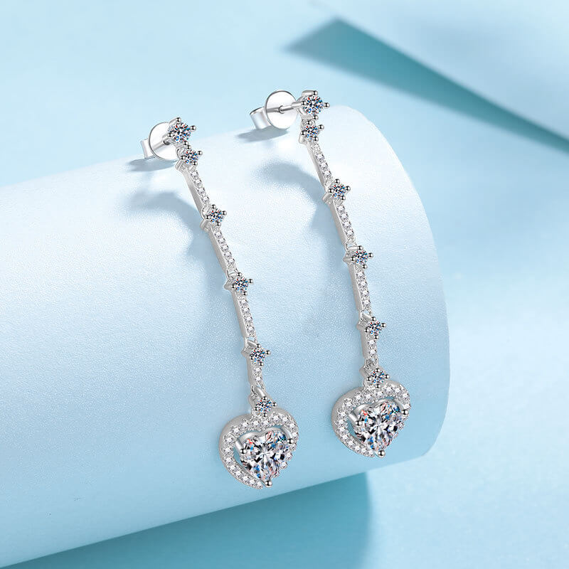 Heart Cut Moissanite Drop Earrings in White Gold Plating, 925 Sterling Silver