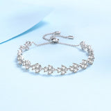 Round Cut Adjustable Leaf Bracelet with White Gold Plating, 925 Sterling Silver