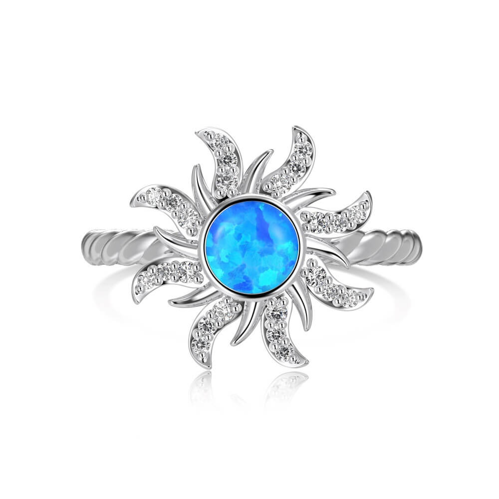 Luxurious Sunflower Design Round Cut Blue Stone Sterling Silver Engagement Ring