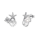 925 Sterling Silver Starfish&Shell Design Pearl Stud Earrings