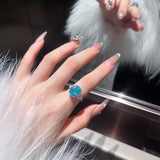 Oval Cut Aquamarine Blue Stone Ring with White Gold Plating - 925 Sterling Silver