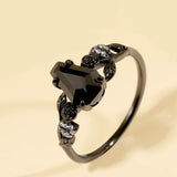 Halloween Coffin Cut Rose Design Black Stone Sterling Silver Engagement Ring