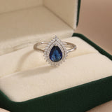 Pear Cut Blue Stone Double Halo Sterling Silver Engagement Ring