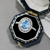 Oval Cut Blue Stone Halo Sterling Silver Engagement Ring