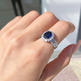 Oval Cut Blue Stone Halo Sterling Silver Engagement Ring