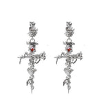 Elegant Halloween Cross & Rose Design Earrings in Sterling Silver