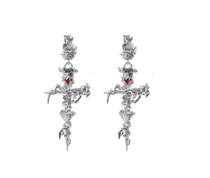 Elegant Halloween Cross & Rose Design Earrings in Sterling Silver