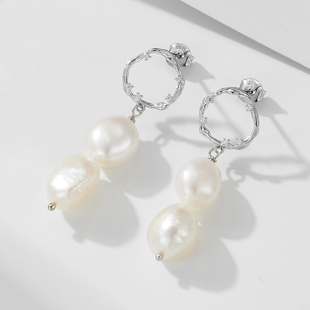 Elegant Baroque Pearl Drop Earrings In Sterling Silver For Woman