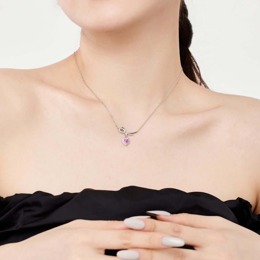 Heart Cut Pink Bow Sterling Silver Necklace