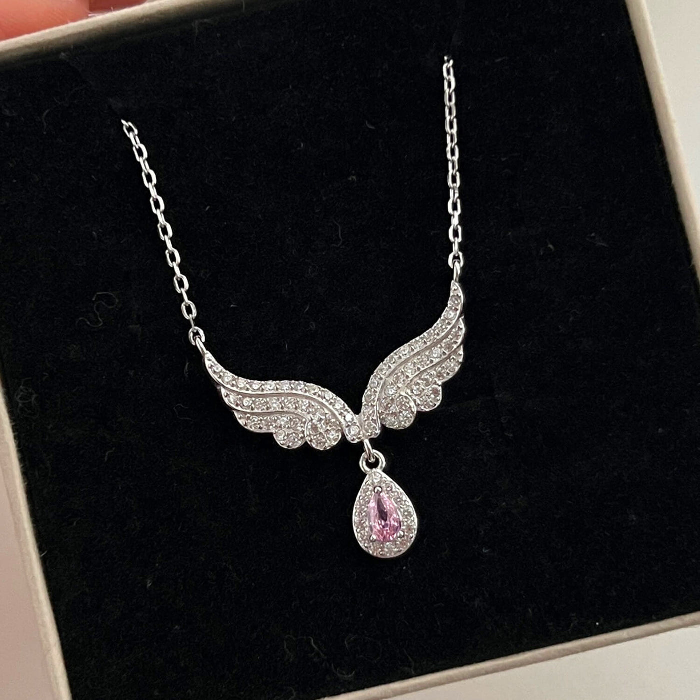 Angel Wings With Pear Cut Pink Sterling Silver Necklace
