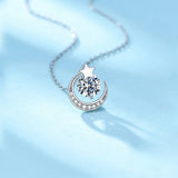 Round Cut Moissanite Crescent Moon and Star Necklace with White Gold Plating, 925 Sterling Silver