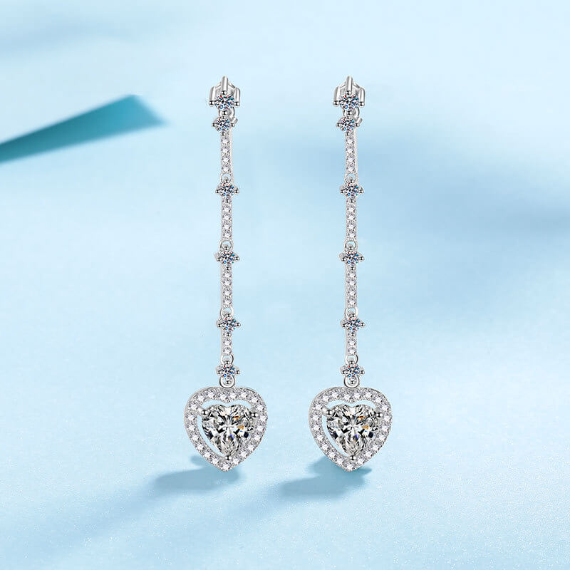 Heart Cut Moissanite Drop Earrings in White Gold Plating, 925 Sterling Silver
