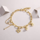 Clover Heart Charm Bracelet with Yellow Gold Plating, 925 Sterling Silver