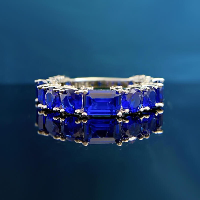 Stylish 925 Sterling Silver Blue Sapphire Round Cut&Emerald Cut Wedding Band