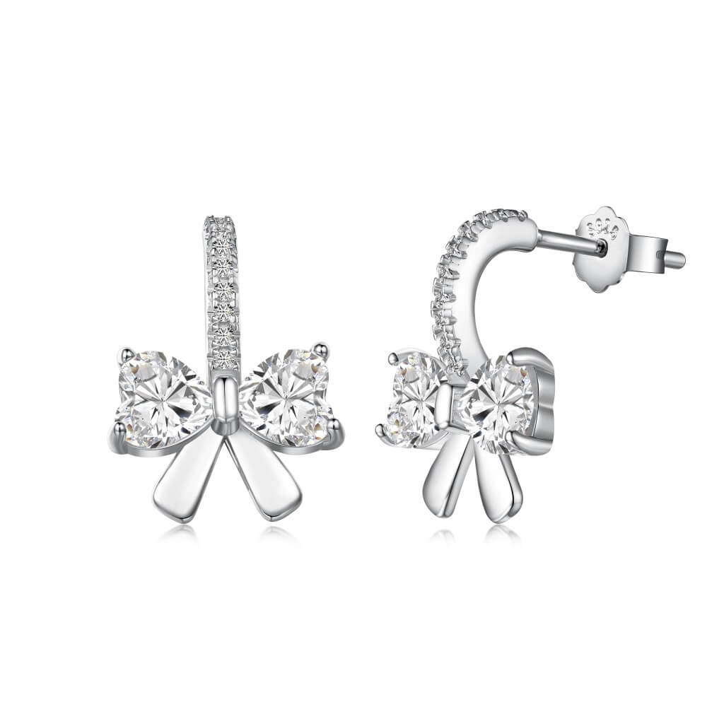 Bow Design Heart Cut 925 Sterling Silver Stud Earrings