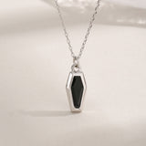 Halloween Coffin Cut Black Stone Necklace In Sterling Silver