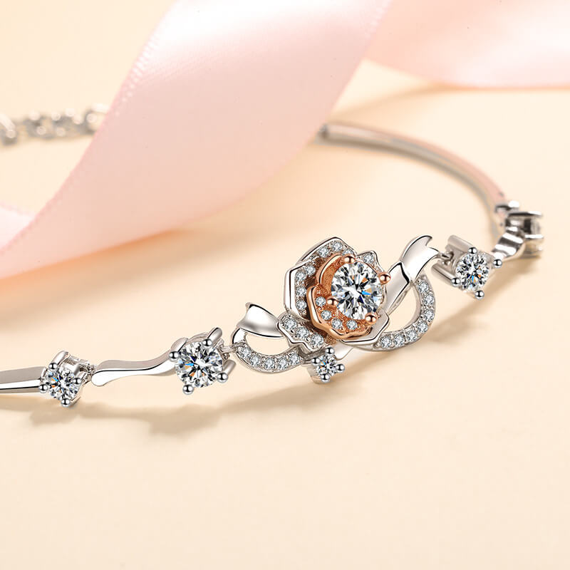 Round Cut Center Flower Bracelet with White Gold Plating, 925 Sterling Silver