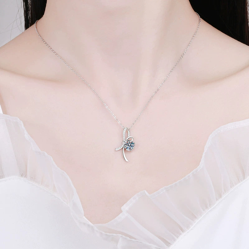 Moissanite Round Cut Ribbon 925 Sterling Silver Necklace