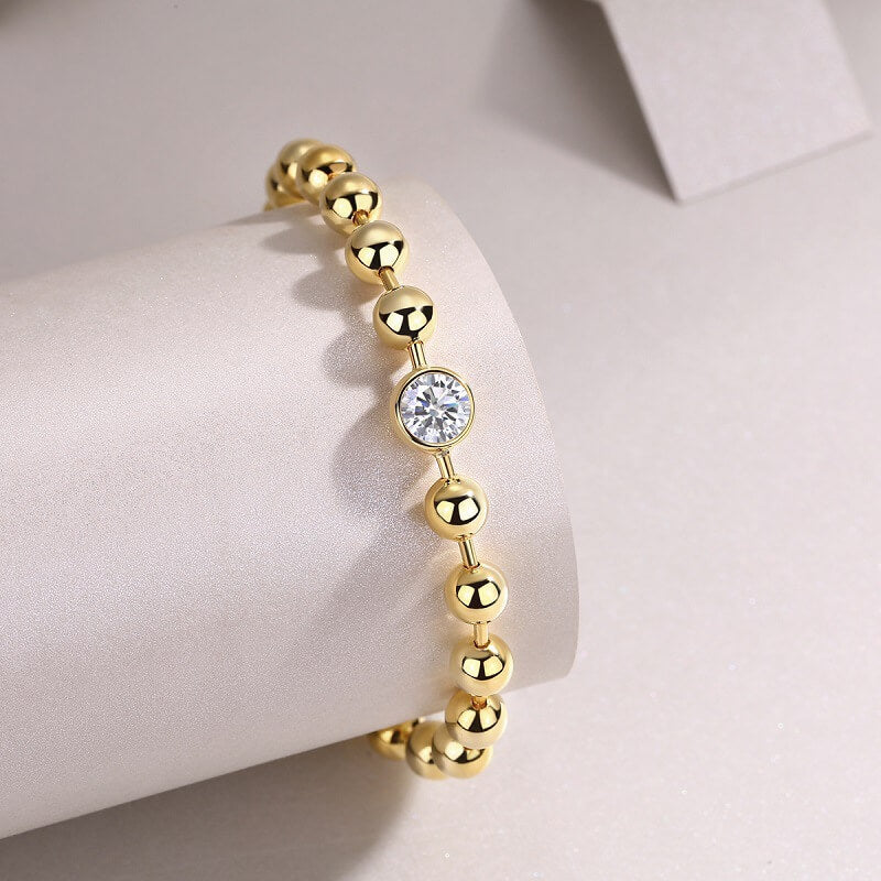 Round Cut Beaded Bracelet with Yellow Gold Plating, 925 Sterling Silver