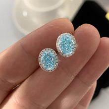 Sterling Silver Halo Aquamarine Blue Oval Cut Drop Earrings