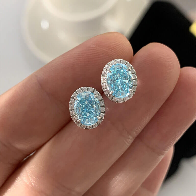Sterling Silver Halo Aquamarine Blue Oval Cut Drop Earrings