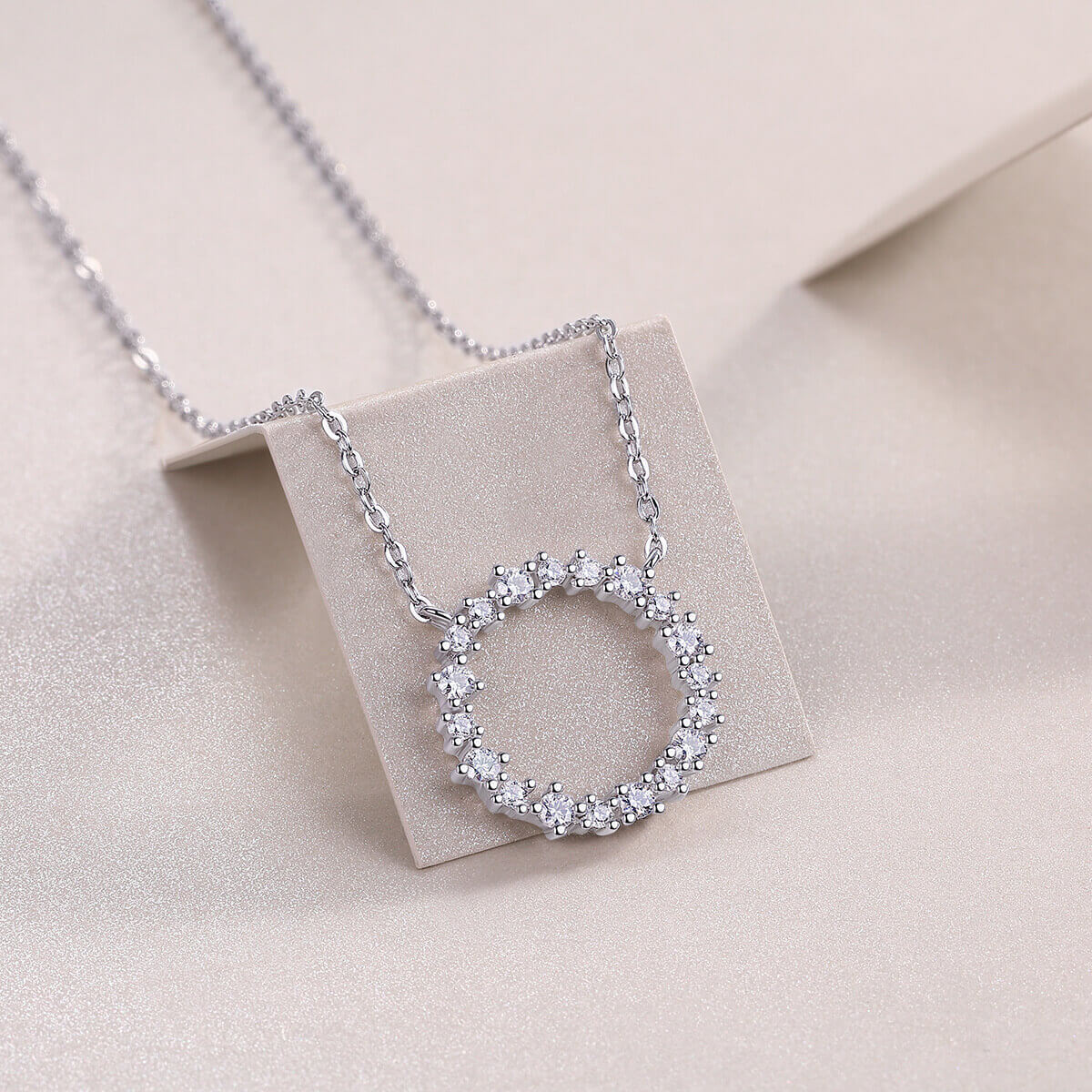 Round Cut Halo Circle Necklace with White Gold Plating, 925 Sterling Silver