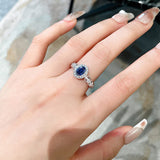 Radiant 1.0ct Blue Sapphire Oval Cut Halo Engagement Ring In Sterling Silver