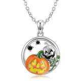 Halloween Pumpkin & Skull Design Black Stone Necklace In Sterling Silver