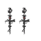 Elegant Halloween Cross & Rose Design Earrings in Sterling Silver