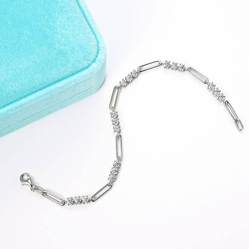 Round Cut Moissanite Link Bracelet with White Gold and Yellow Gold Plating, 925 Sterling Silver