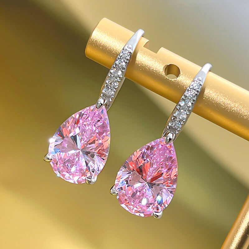 Luxurious Pear Cut Pink Stone 925 Sterling Silver Earrings