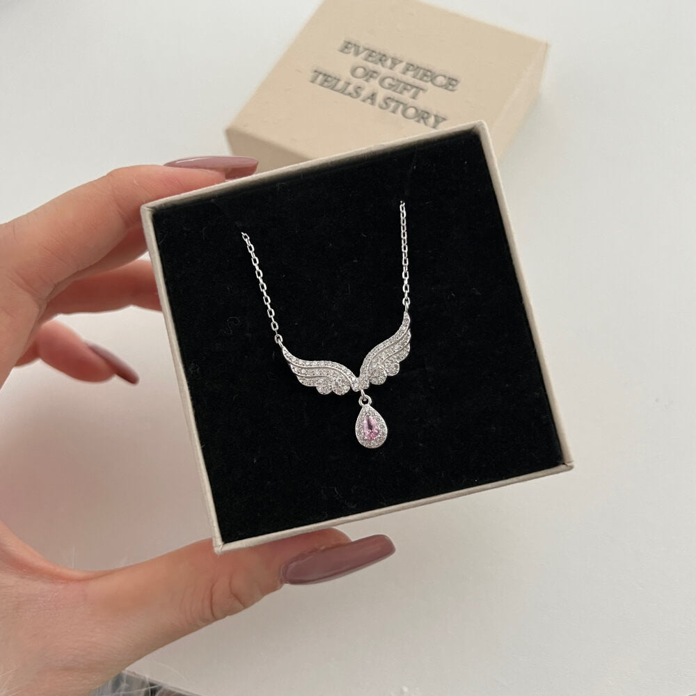 Angel Wings With Pear Cut Pink Sterling Silver Necklace